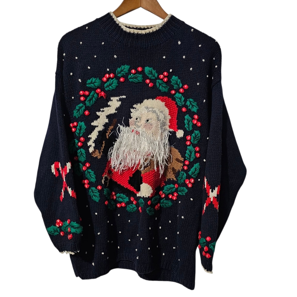 Vintage Design Options Sweater – Navy/Red, Santa, 3D knit (Size L)